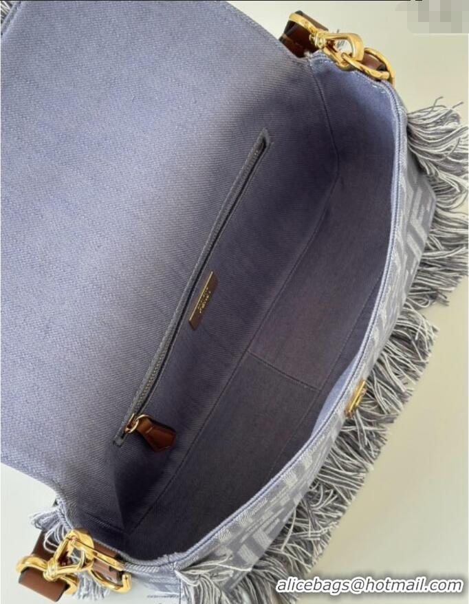 Famous Brand Fendi Baguette Bag in Blue denim-effect FF jacquard with fringes F8681 2025
