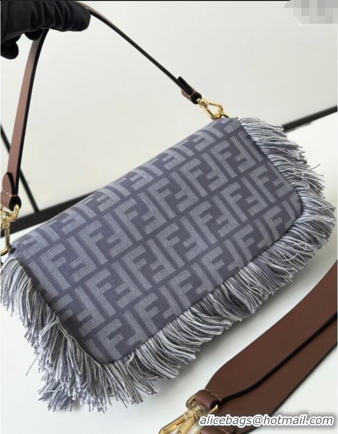 Famous Brand Fendi Baguette Bag in Blue denim-effect FF jacquard with fringes F8681 2025