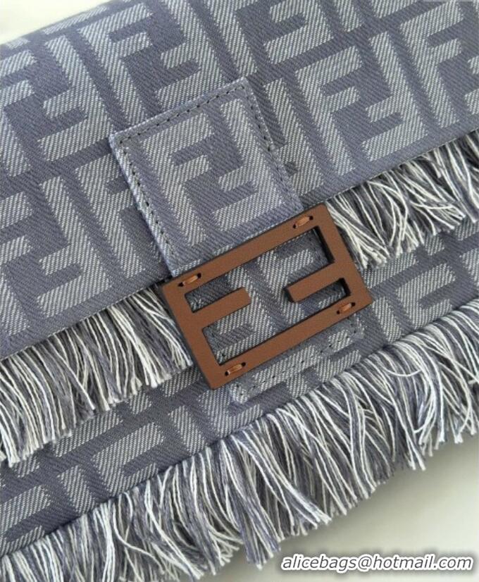 Famous Brand Fendi Baguette Bag in Blue denim-effect FF jacquard with fringes F8681 2025