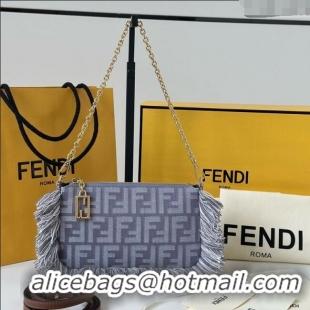 Super Quality Fendi Baguette Pouch Mini Bag in Blue denim-effect FF jacquard with fringes 073D 2025