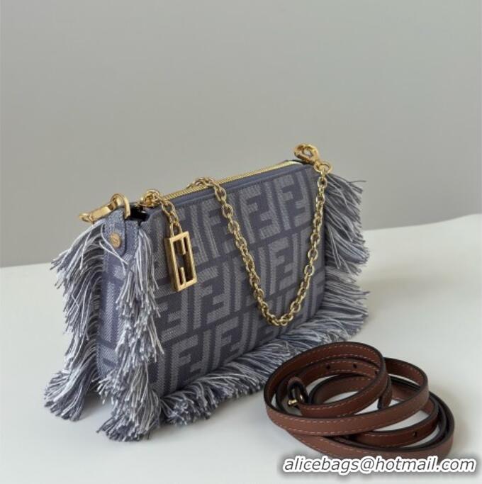 Super Quality Fendi Baguette Pouch Mini Bag in Blue denim-effect FF jacquard with fringes 073D 2025