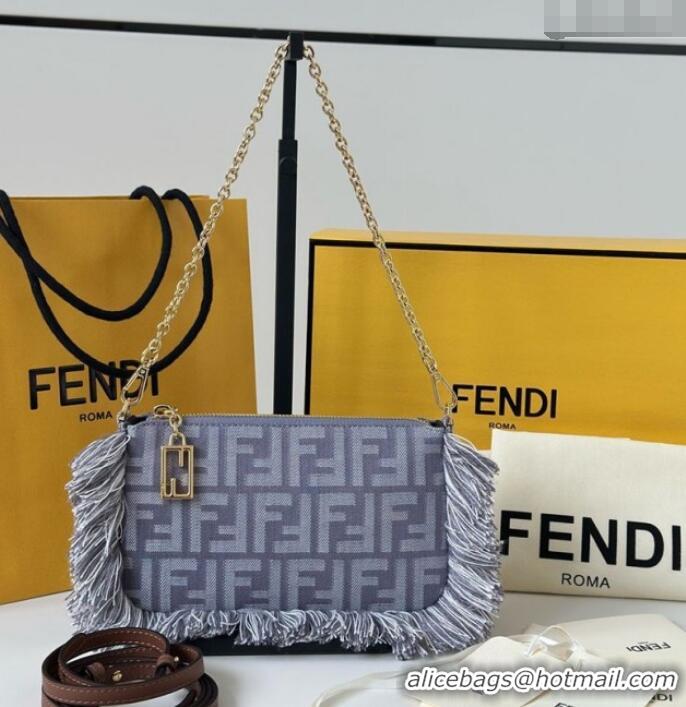 Super Quality Fendi Baguette Pouch Mini Bag in Blue denim-effect FF jacquard with fringes 073D 2025