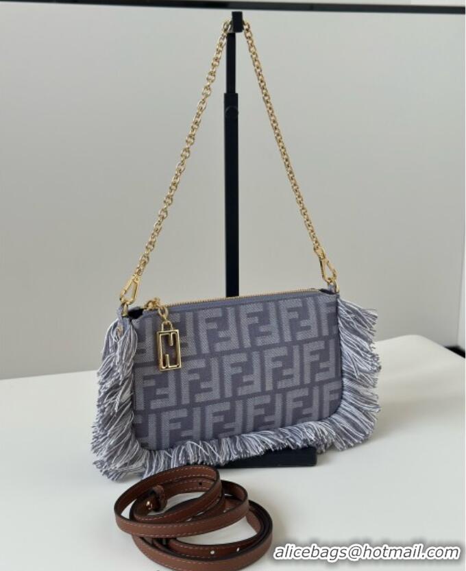 Super Quality Fendi Baguette Pouch Mini Bag in Blue denim-effect FF jacquard with fringes 073D 2025