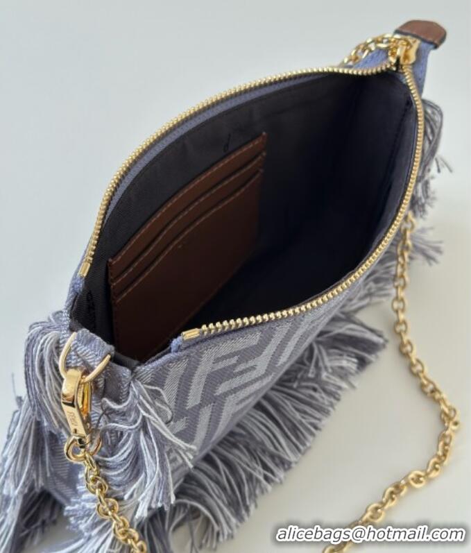 Super Quality Fendi Baguette Pouch Mini Bag in Blue denim-effect FF jacquard with fringes 073D 2025