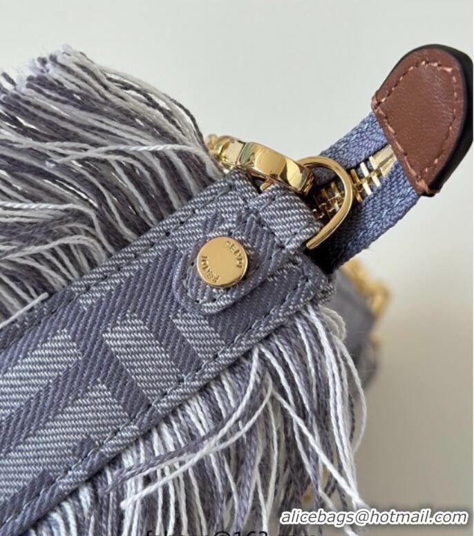 Super Quality Fendi Baguette Pouch Mini Bag in Blue denim-effect FF jacquard with fringes 073D 2025