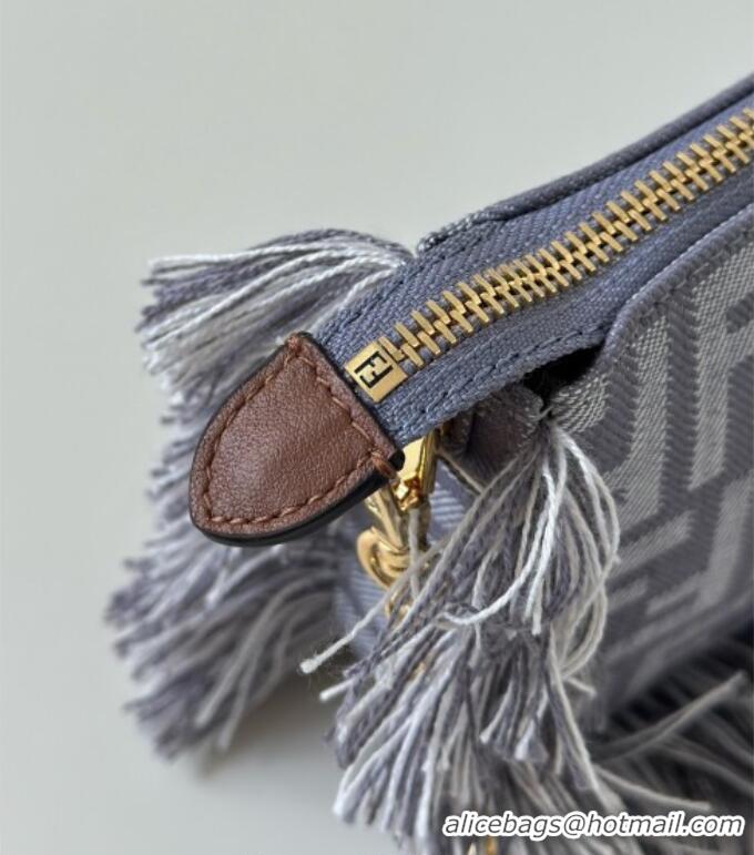 Super Quality Fendi Baguette Pouch Mini Bag in Blue denim-effect FF jacquard with fringes 073D 2025