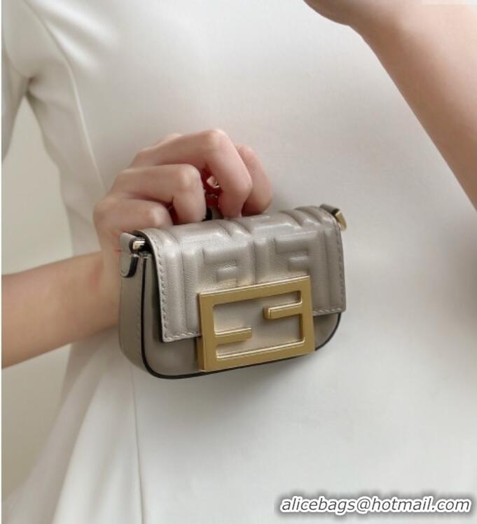 Best Quality Fendi Nano Baguette Charm in FF Leather 8567 Grey 2025