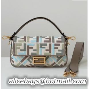 Top Quality Fendi Baguette Medium Bag in Canvas with FF embroidery 0159M Green/Blue/Multicolor 2025