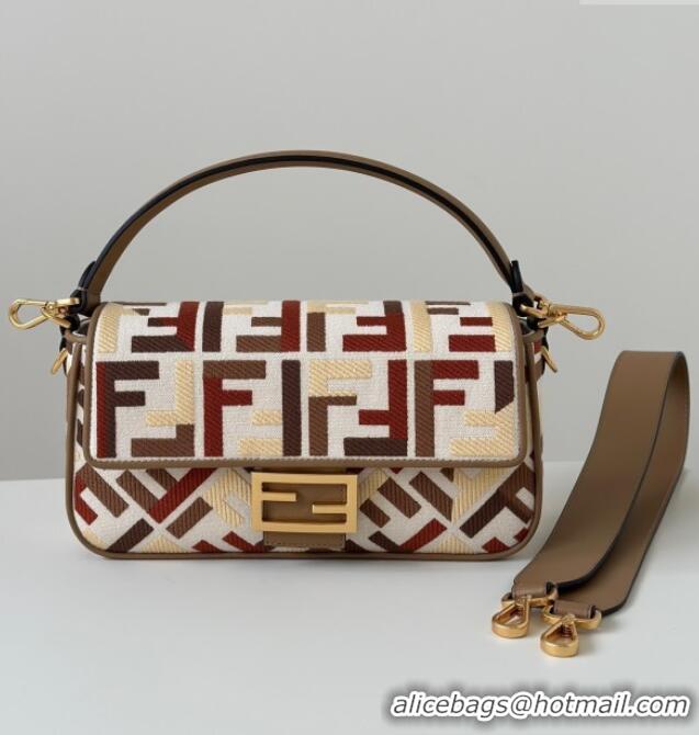 Best Quality Fendi Baguette Medium Bag in Canvas with FF embroidery 0159M Red/Multicolor 2025