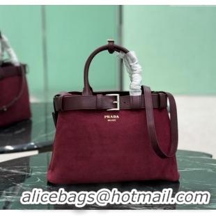 Free Shipping Discount Prada Buckle medium suede handbag with belt 1BA434 Red 2025