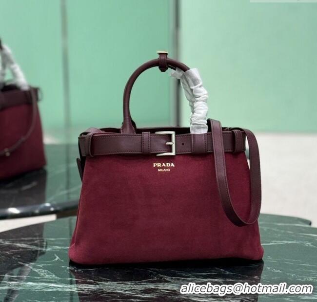 Free Shipping Discount Prada Buckle medium suede handbag with belt 1BA434 Red 2025