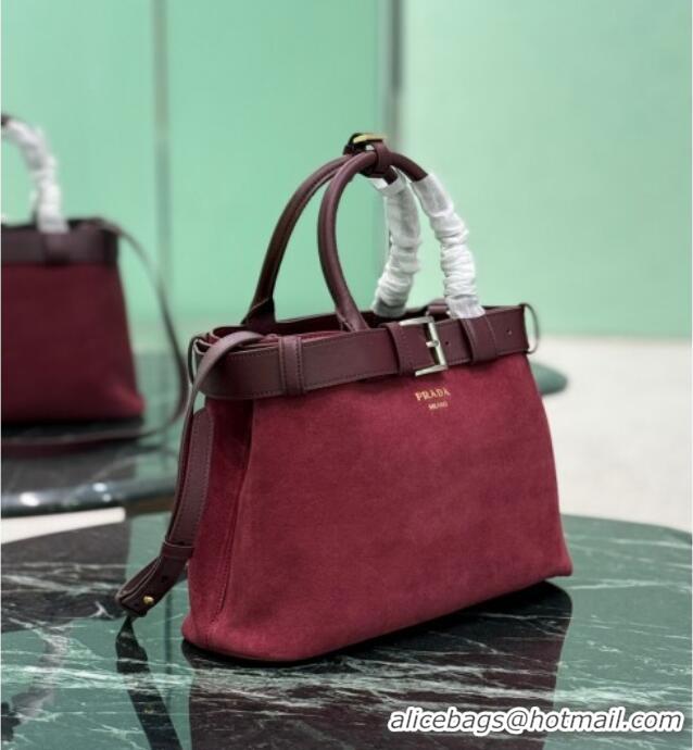 Free Shipping Discount Prada Buckle medium suede handbag with belt 1BA434 Red 2025