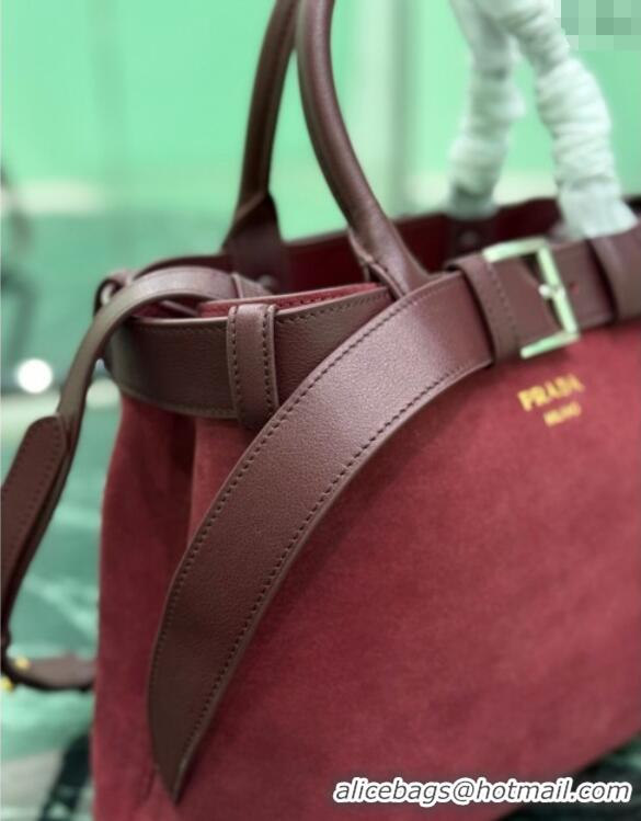 Free Shipping Discount Prada Buckle medium suede handbag with belt 1BA434 Red 2025