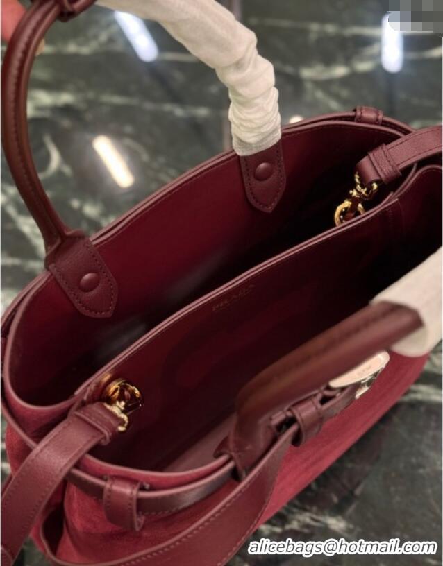 Free Shipping Discount Prada Buckle medium suede handbag with belt 1BA434 Red 2025