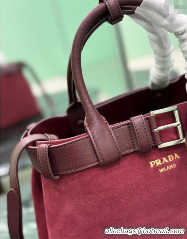 Free Shipping Discount Prada Buckle medium suede handbag with belt 1BA434 Red 2025