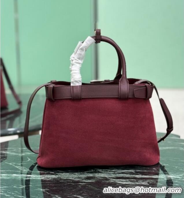 Free Shipping Discount Prada Buckle medium suede handbag with belt 1BA434 Red 2025