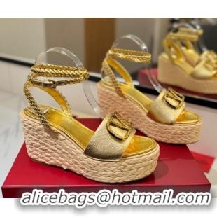 Grade Quality Valentino VLogo Grainy Calfskin Wedge Sandals 9cm Gold-Tone 2025 VA082113 821124