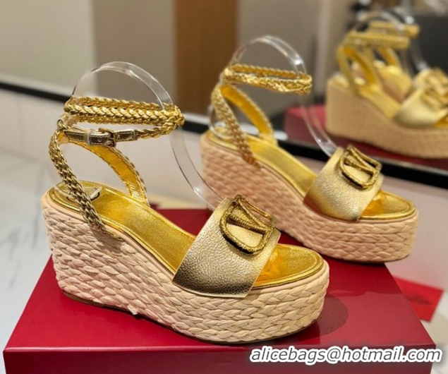 Grade Quality Valentino VLogo Grainy Calfskin Wedge Sandals 9cm Gold-Tone 2025 VA082113 821124