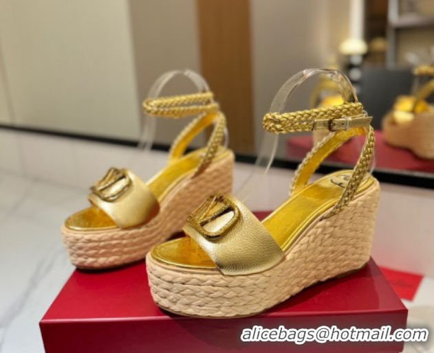 Grade Quality Valentino VLogo Grainy Calfskin Wedge Sandals 9cm Gold-Tone 2025 VA082113 821124