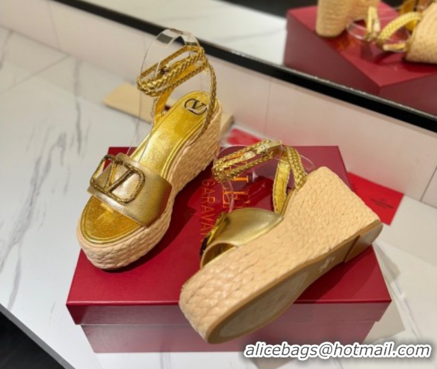 Grade Quality Valentino VLogo Grainy Calfskin Wedge Sandals 9cm Gold-Tone 2025 VA082113 821124