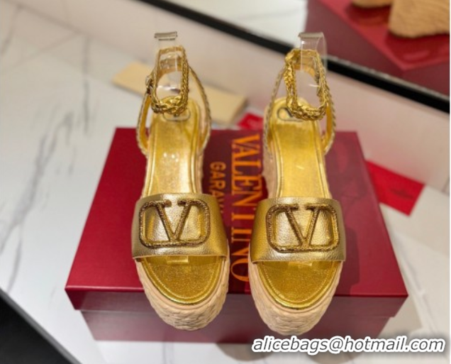 Grade Quality Valentino VLogo Grainy Calfskin Wedge Sandals 9cm Gold-Tone 2025 VA082113 821124