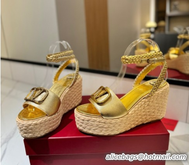 Grade Quality Valentino VLogo Grainy Calfskin Wedge Sandals 9cm Gold-Tone 2025 VA082113 821124