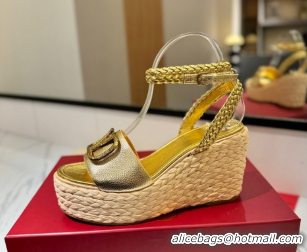 Grade Quality Valentino VLogo Grainy Calfskin Wedge Sandals 9cm Gold-Tone 2025 VA082113 821124