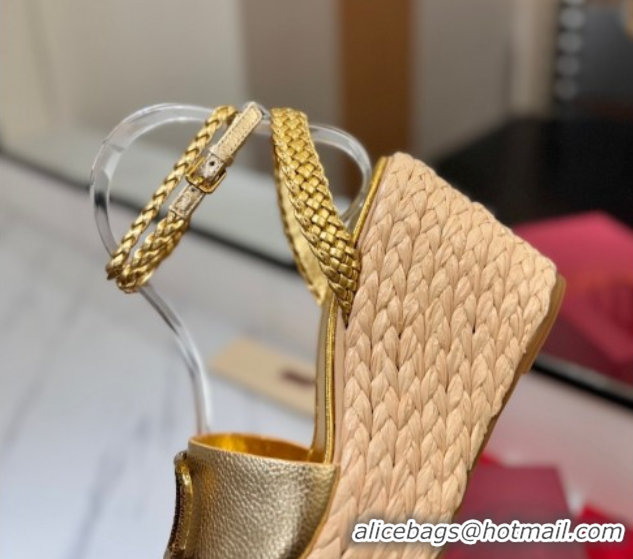 Grade Quality Valentino VLogo Grainy Calfskin Wedge Sandals 9cm Gold-Tone 2025 VA082113 821124