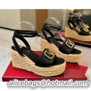 Pretty Style Valentino VLogo Grainy Calfskin Wedge Sandals 9cm Black/Gold 2025 VA082113 0821125