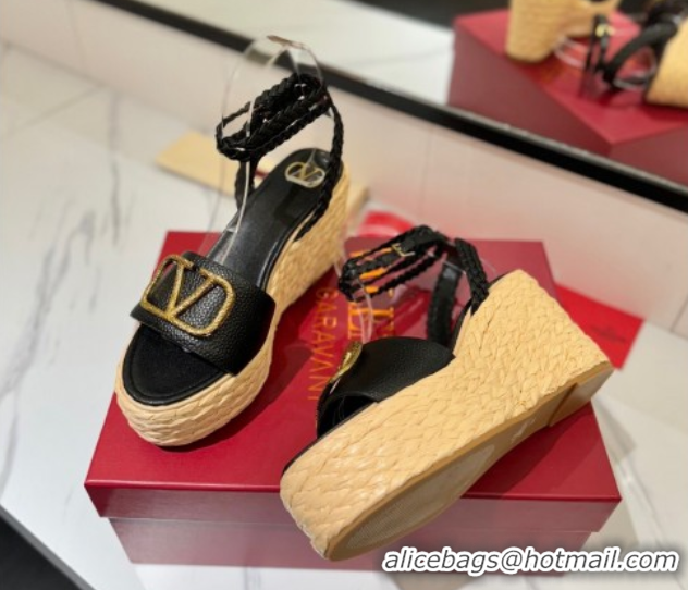 Pretty Style Valentino VLogo Grainy Calfskin Wedge Sandals 9cm Black/Gold 2025 VA082113 0821125