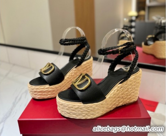 Pretty Style Valentino VLogo Grainy Calfskin Wedge Sandals 9cm Black/Gold 2025 VA082113 0821125