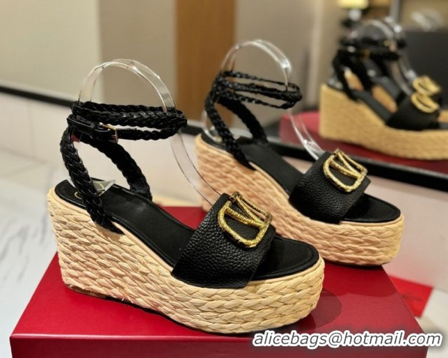 Pretty Style Valentino VLogo Grainy Calfskin Wedge Sandals 9cm Black/Gold 2025 VA082113 0821125