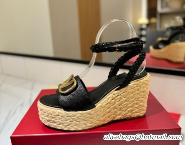 Pretty Style Valentino VLogo Grainy Calfskin Wedge Sandals 9cm Black/Gold 2025 VA082113 0821125