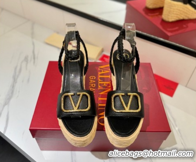 Pretty Style Valentino VLogo Grainy Calfskin Wedge Sandals 9cm Black/Gold 2025 VA082113 0821125