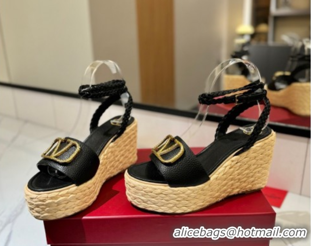 Pretty Style Valentino VLogo Grainy Calfskin Wedge Sandals 9cm Black/Gold 2025 VA082113 0821125