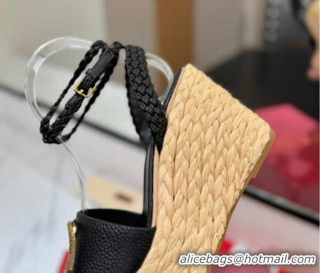 Pretty Style Valentino VLogo Grainy Calfskin Wedge Sandals 9cm Black/Gold 2025 VA082113 0821125