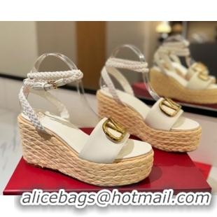 Charming Valentino VLogo Grainy Calfskin Wedge Sandals 9cm White/Gold 2025 VA082113 0821126