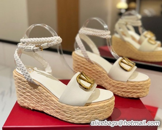 Charming Valentino VLogo Grainy Calfskin Wedge Sandals 9cm White/Gold 2025 VA082113 0821126