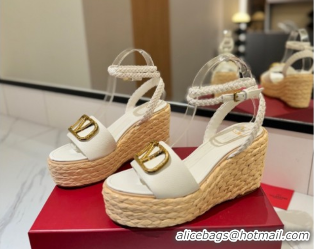 Charming Valentino VLogo Grainy Calfskin Wedge Sandals 9cm White/Gold 2025 VA082113 0821126