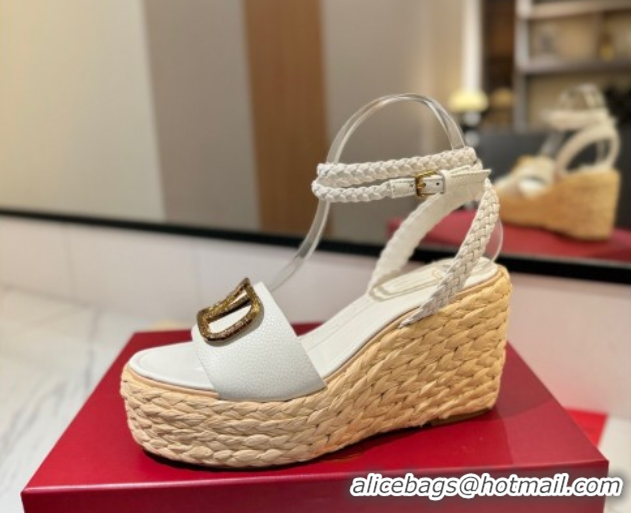 Charming Valentino VLogo Grainy Calfskin Wedge Sandals 9cm White/Gold 2025 VA082113 0821126