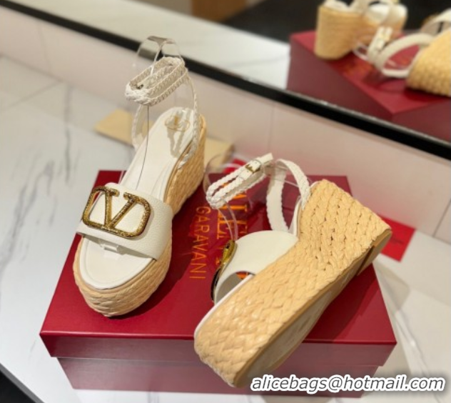 Charming Valentino VLogo Grainy Calfskin Wedge Sandals 9cm White/Gold 2025 VA082113 0821126
