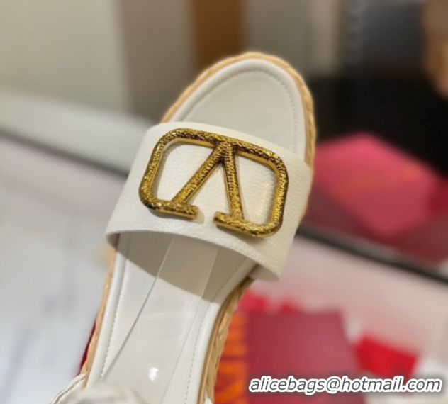 Charming Valentino VLogo Grainy Calfskin Wedge Sandals 9cm White/Gold 2025 VA082113 0821126