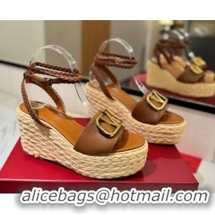 Best Grade Valentino VLogo Grainy Calfskin Wedge Sandals 9cm Brown/Gold 2025 VA082113