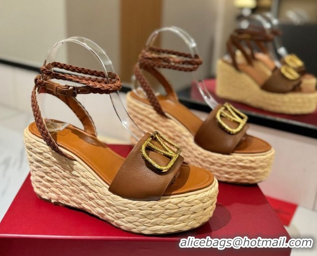 Best Grade Valentino VLogo Grainy Calfskin Wedge Sandals 9cm Brown/Gold 2025 VA082113