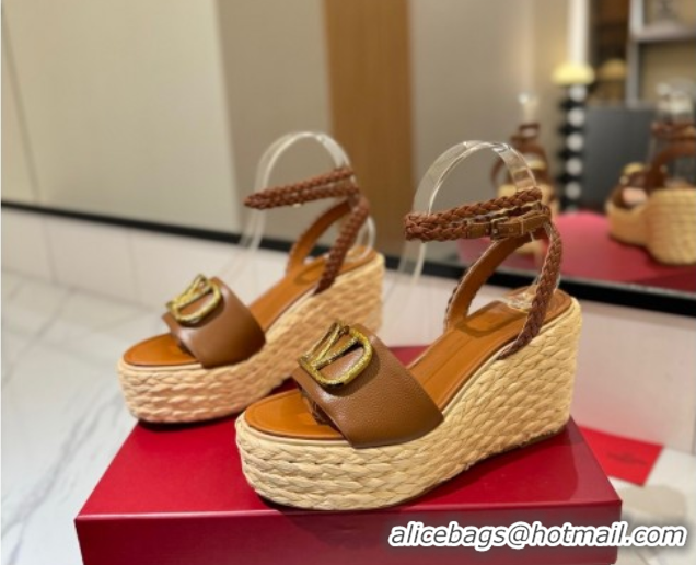 Best Grade Valentino VLogo Grainy Calfskin Wedge Sandals 9cm Brown/Gold 2025 VA082113
