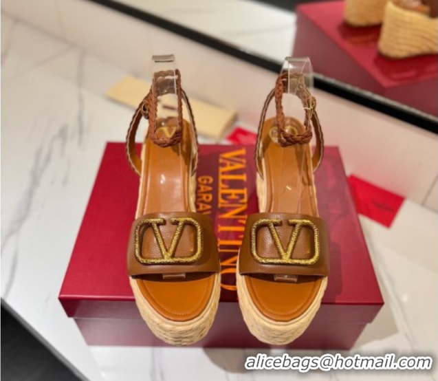 Best Grade Valentino VLogo Grainy Calfskin Wedge Sandals 9cm Brown/Gold 2025 VA082113