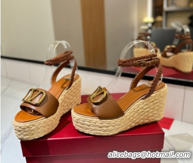 Best Grade Valentino VLogo Grainy Calfskin Wedge Sandals 9cm Brown/Gold 2025 VA082113