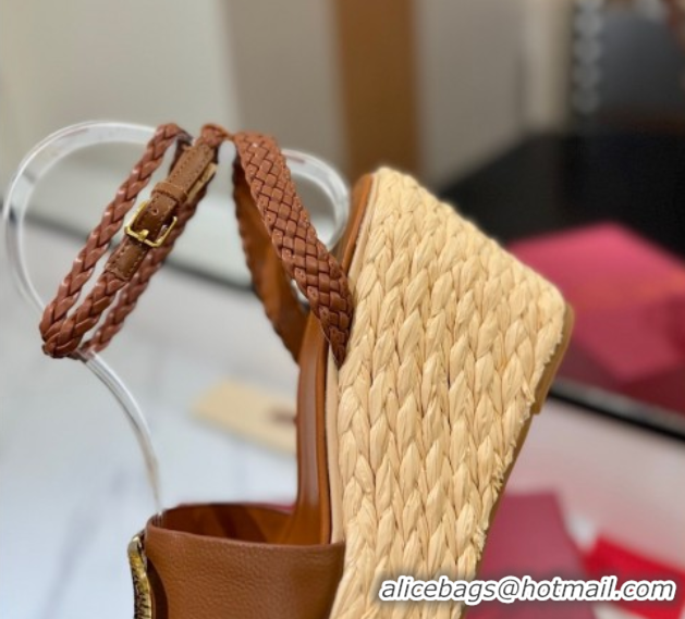Best Grade Valentino VLogo Grainy Calfskin Wedge Sandals 9cm Brown/Gold 2025 VA082113