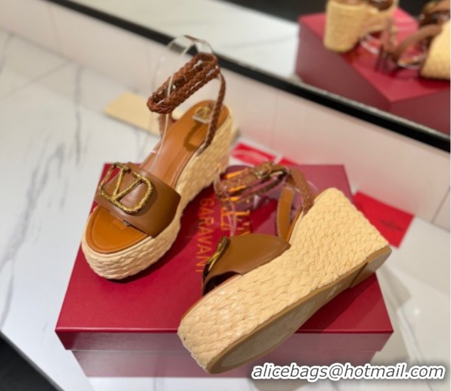 Best Grade Valentino VLogo Grainy Calfskin Wedge Sandals 9cm Brown/Gold 2025 VA082113
