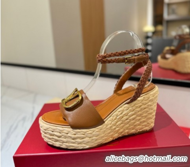 Best Grade Valentino VLogo Grainy Calfskin Wedge Sandals 9cm Brown/Gold 2025 VA082113